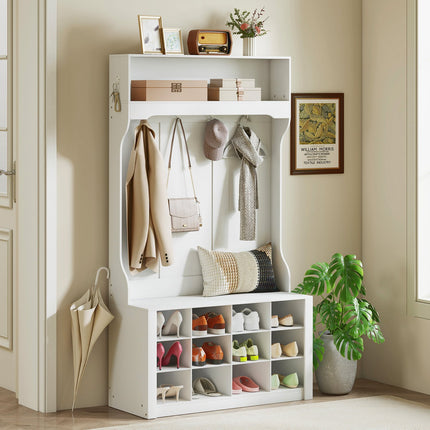 Wardrobe with Shelf, Bench, Hooks, Shoe Compartments, White
