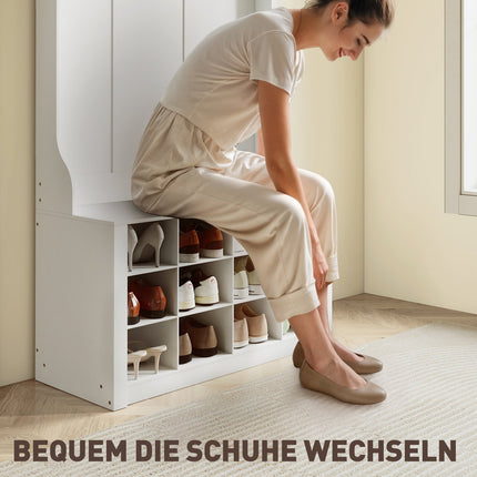 Wardrobe with Shelf, Bench, Hooks, Shoe Compartments, White