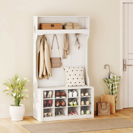 Wardrobe with Shelf, Bench, Hooks, Shoe Compartments, White