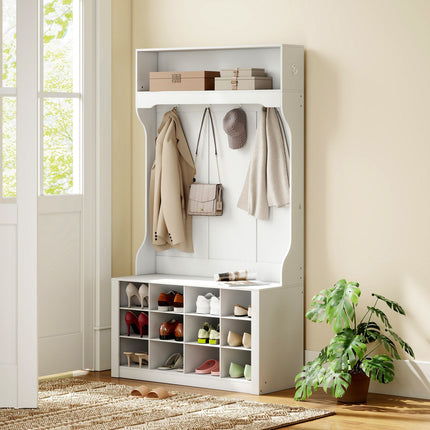 Wardrobe with Shelf, Bench, Hooks, Shoe Compartments, White