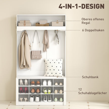 Wardrobe with Shelf, Bench, Hooks, Shoe Compartments, White