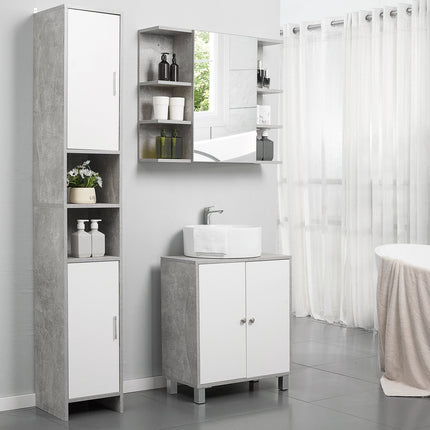 Gray & white bathroom cabinet, adjustable shelves