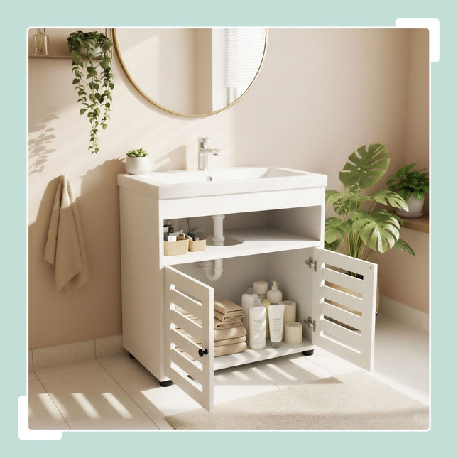Washbasin Cabinet with Slatted Doors, Under-Sink Storage