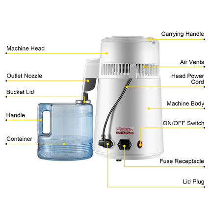 Waterdestilleerder, 4 liter, 750 watt, roestvrij staal, inclusief opvangfles.