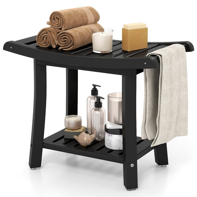 Waterproof Shower Bench, Curved Seat, Black, 2-Tier Storage