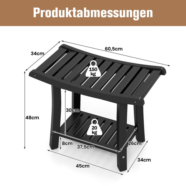 Waterproof Shower Bench, Curved Seat, Black, 2-Tier Storage