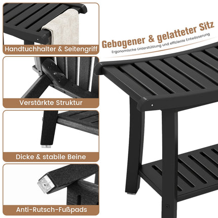 Waterproof Shower Bench, Curved Seat, Black, 2-Tier Storage