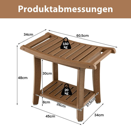 Waterproof Shower Bench with Curved Seat, 2-Tier Storage