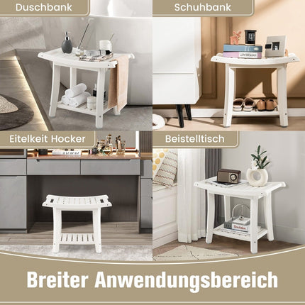 Waterproof Shower Bench with Curved Seat, 2-Tier Storage