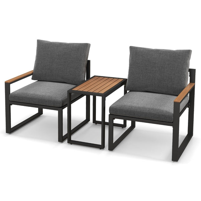 Weatherproof garden furniture set with aluminum frame and soft cushions. Balcony set with 2 chairs and table