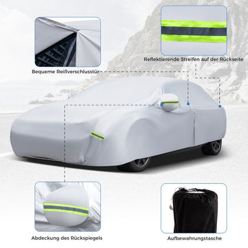 Weatherproof tarpaulin for vehicles car cover with zip door 431 x 160 x 115 cm silver