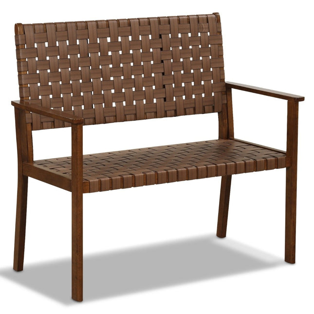 Weatherproof wooden garden bench with backrest & armrest & hand-woven faux leather park bench