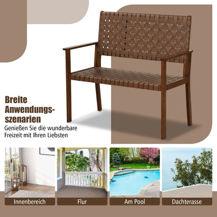 Weatherproof wooden garden bench with backrest & armrest & hand-woven faux leather park bench