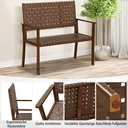 Weatherproof wooden garden bench with backrest & armrest & hand-woven faux leather park bench