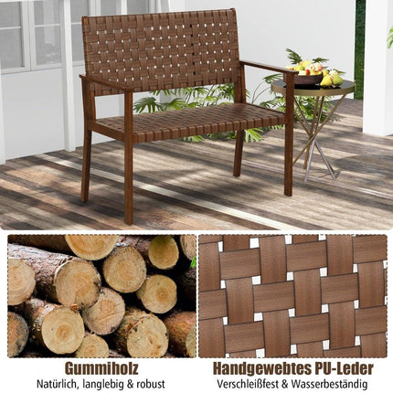 Weatherproof wooden garden bench with backrest & armrest & hand-woven faux leather park bench