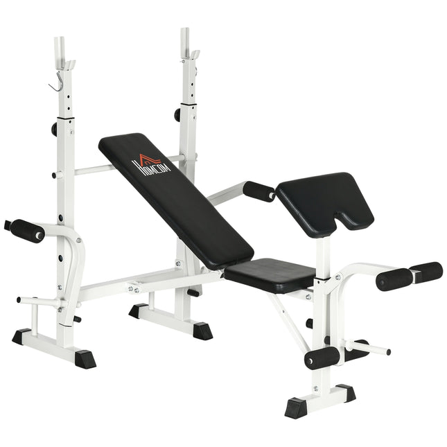 Weight bench with leg press & dumbbell, armrest, black and white