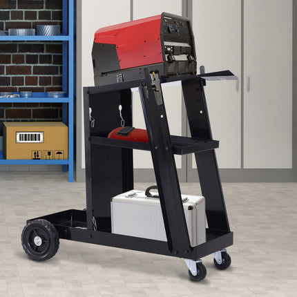 Welding trolley with 3 shelves and safety chain, black