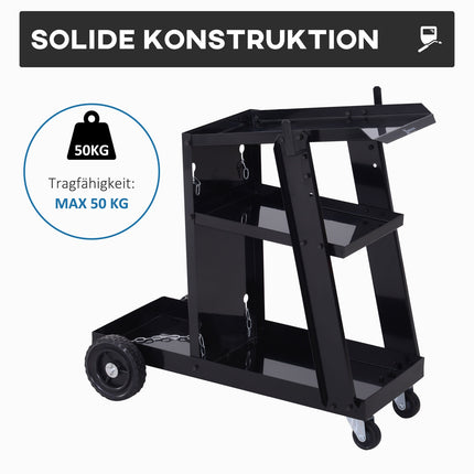 Welding trolley with 3 shelves and safety chain, black