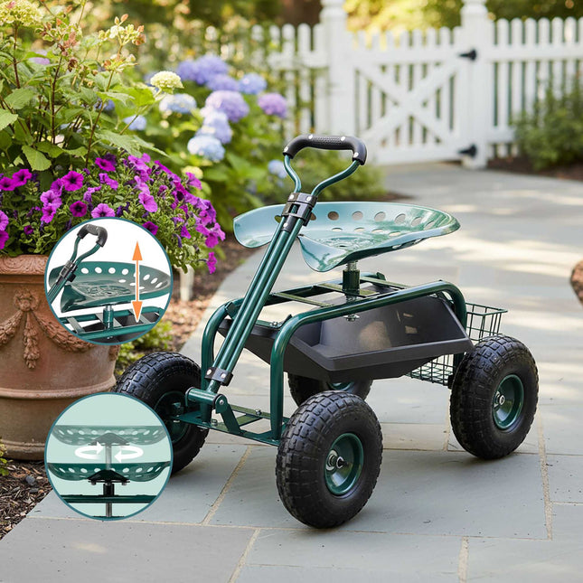 Wheeled Garden Seat with Storage and Adjustable Height