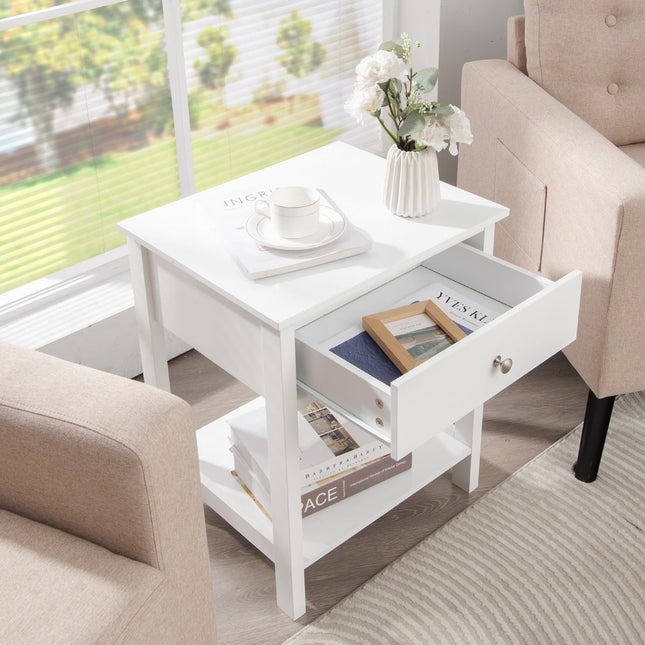 White 2-Tier Nightstand Set with Drawer, 48x40x58 cm