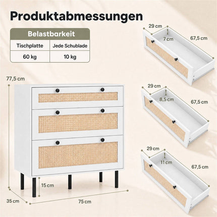 White 3-Drawer Rattan Dresser with Metal Legs for Bedroom