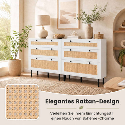 White 3-Drawer Rattan Dresser with Metal Legs for Bedroom