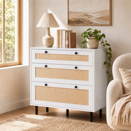 White 3-Drawer Rattan Dresser with Metal Legs for Bedroom