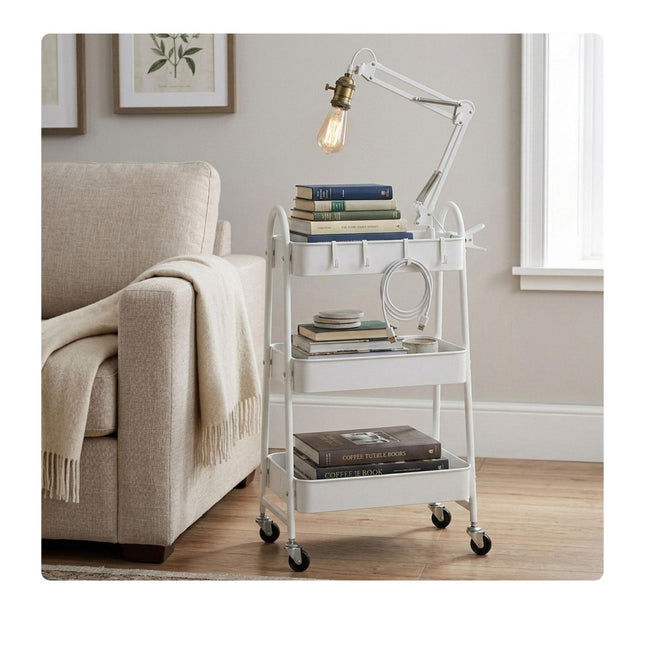 White 3-Tier Storage Trolley with Hooks & Wheels