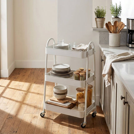 White 3-Tier Storage Trolley with Hooks & Wheels