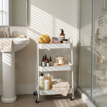 White 3-Tier Storage Trolley with Hooks & Wheels
