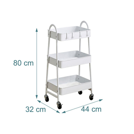 White 3-Tier Storage Trolley with Hooks & Wheels