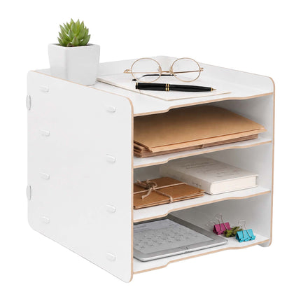 White 4-Compartment MDF File Tray – Wood-Effect Desk Organizer