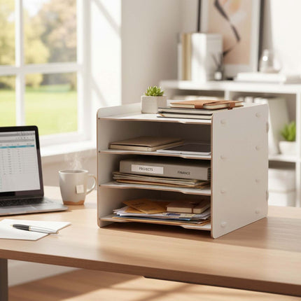 White 4-Compartment MDF File Tray – Wood-Effect Desk Organizer