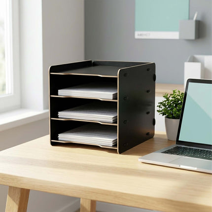 White 4-Compartment MDF File Tray – Wood-Effect Desk Organizer