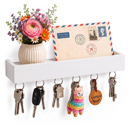 White Bamboo-Iron Key Rack with 6 Hooks and Shelf