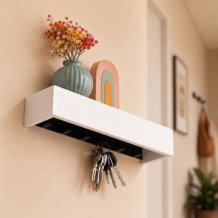 White Bamboo-Iron Key Rack with 6 Hooks and Shelf