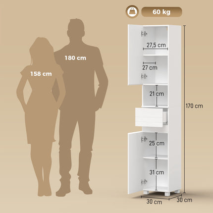 White Bathroom Cabinet with Adjustable Shelves, 30x30x170 cm