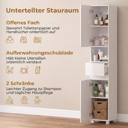 White Bathroom Cabinet with Adjustable Shelves, 30x30x170 cm