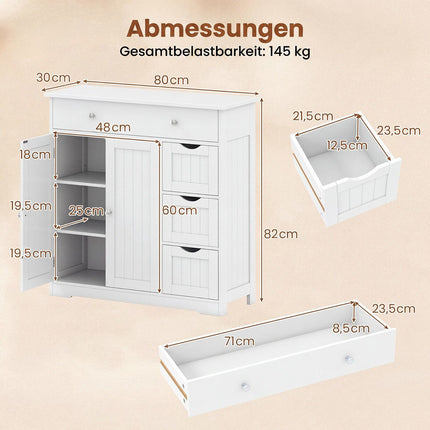 White Bathroom Floor Cabinet with 4 Drawers and 2 Doors