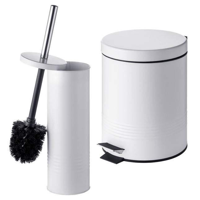 White Bathroom Set with Pedal Bin & Toilet Brush