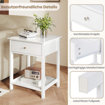 White Bedside Tables Set of 2 with Drawer & Shelf