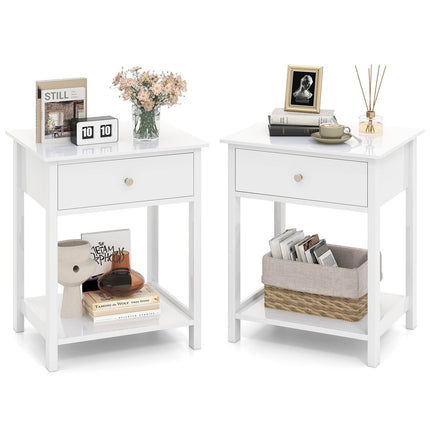 White Bedside Tables Set of 2 with Drawer & Shelf
