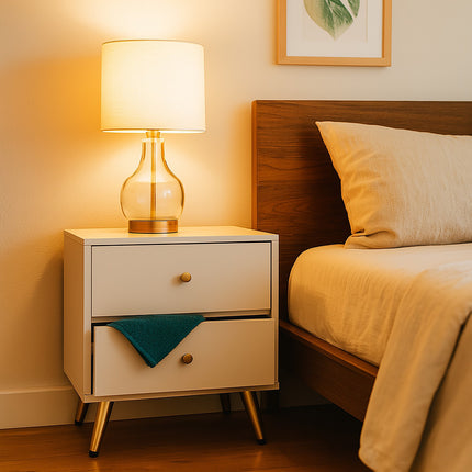 White Bedside Table with Gold Legs, 2 Drawers