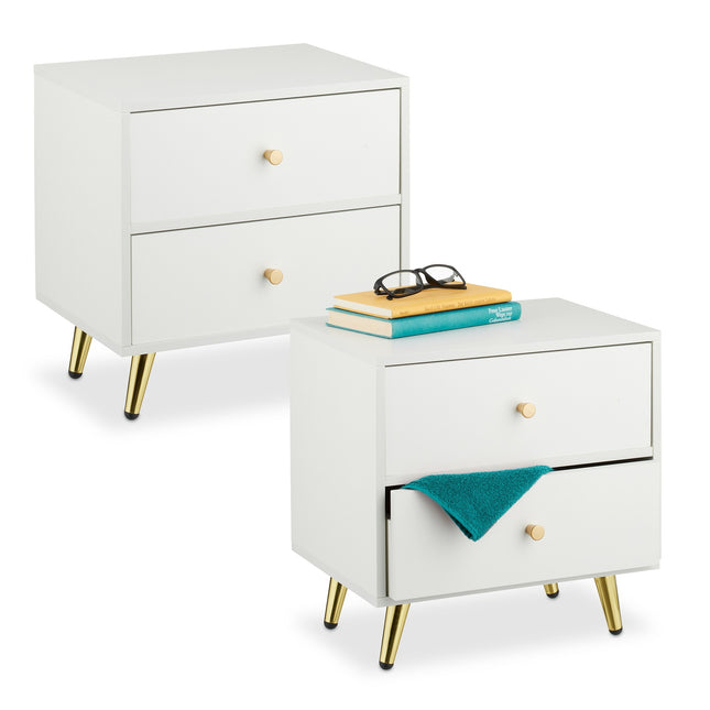 White Bedside Table with Gold Legs, 2 Drawers