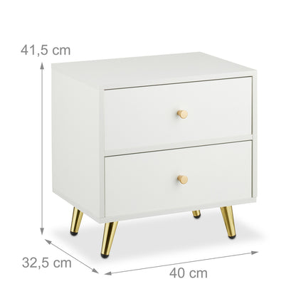 White Bedside Table with Gold Legs and 2 Drawers