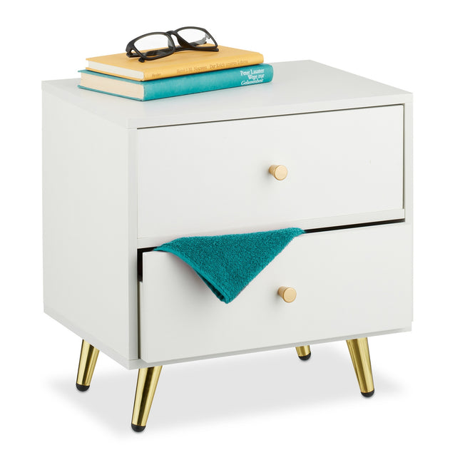 White Bedside Table with Gold Legs and 2 Drawers