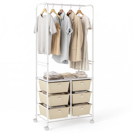 White Clothing Rack with 6 Drawers and Wheels