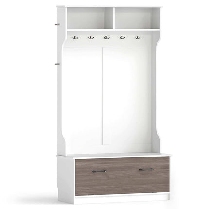 White Coat Rack with Shelf, Shoe Storage & 5 Hooks