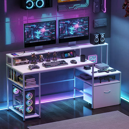 White Computer Desk with Charging Station & Monitor Stand