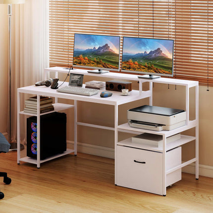 White Computer Desk with Charging Station & Monitor Stand